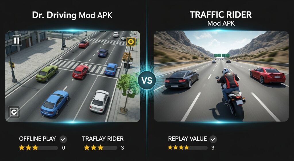Dr. Driving Mod APK vs Traffic Rider Mod APK