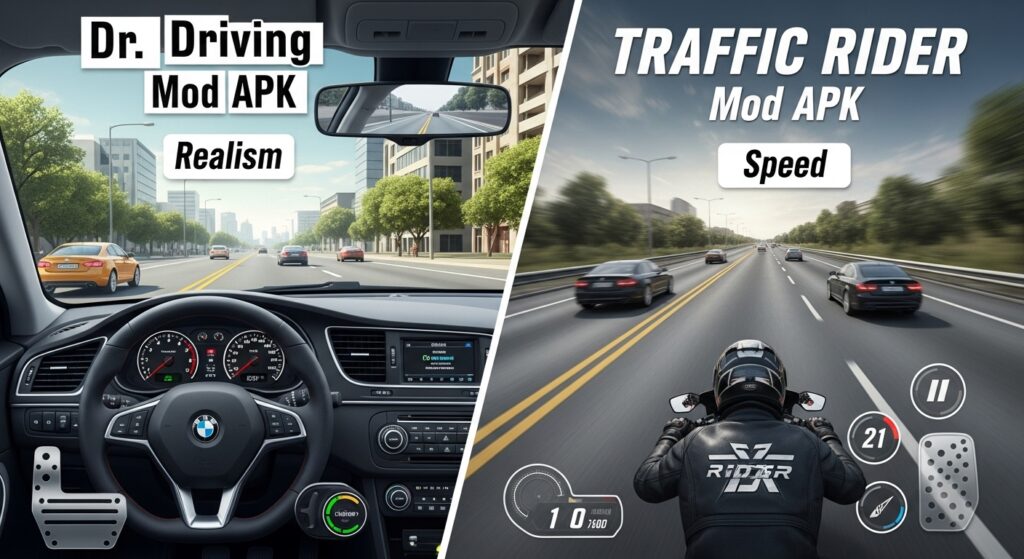Dr. Driving Mod APK vs Traffic Rider Mod APK