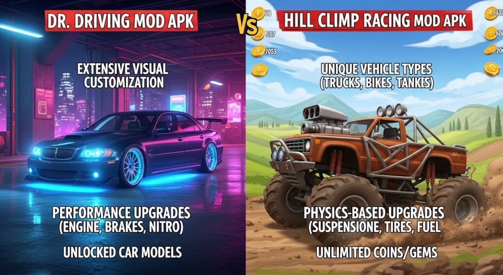 Dr Driving Mod APK vs Hill Climb Racing Mod APK